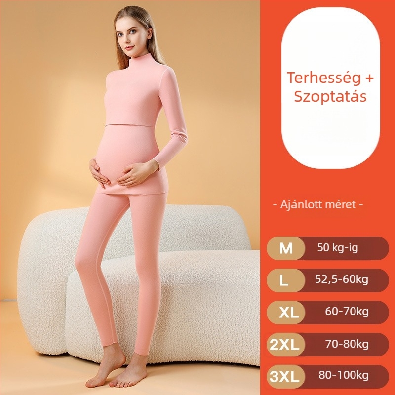 Anyasági melegítő pizsama szett, bolyhos belsővel, varrat nélküli szoptatáshoz, hosszú ujjak, vast poliészter, ősz–tél