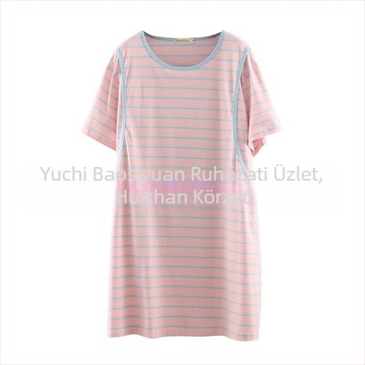 Nagy méretű kismama etetőruha, csíkos pamut, kerek nyak, 3/4 ujjú, A-vonalú midi hossz, laza fazon