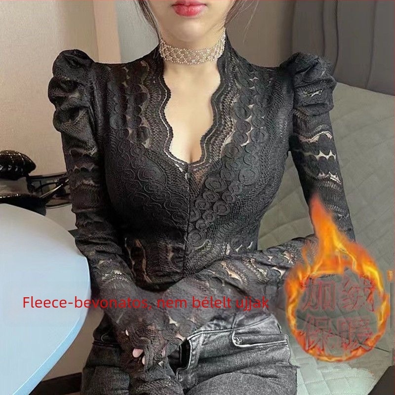 Csipke anyagú V-nyakú felső puffos ujjal, poliészter keverék, aszimmetrikus szabás, nőknek, téli 2021