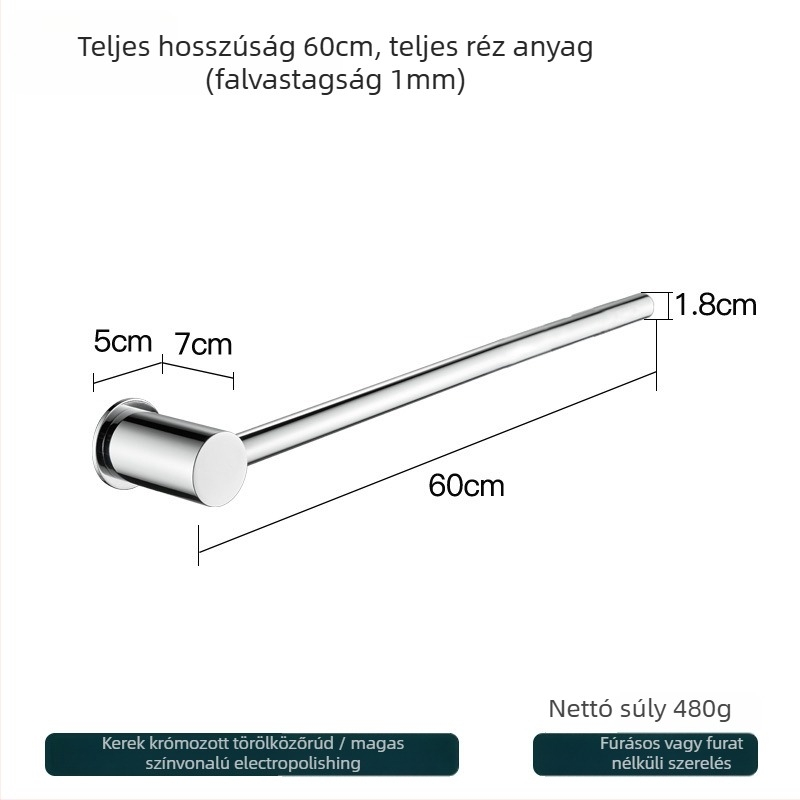 Réz törölközőtartó – fúrás nélküli szerelés, teherbírás 10 kg, egyetlen réteg, modern minimalista stílus