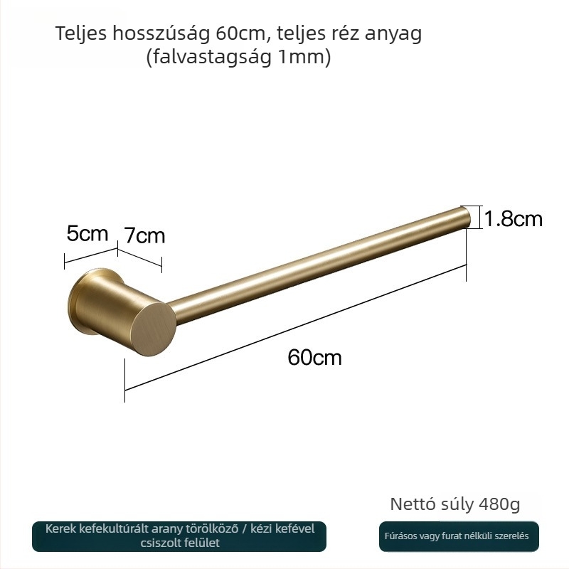 Réz törölközőtartó – fúrás nélküli szerelés, teherbírás 10 kg, egyetlen réteg, modern minimalista stílus