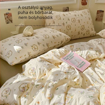 Pastorális stílusú, 100% pamut ágynemű 4 részes készlet: lapos lepedő, gumis lepedő, paplanhuzat és párnahuzatok