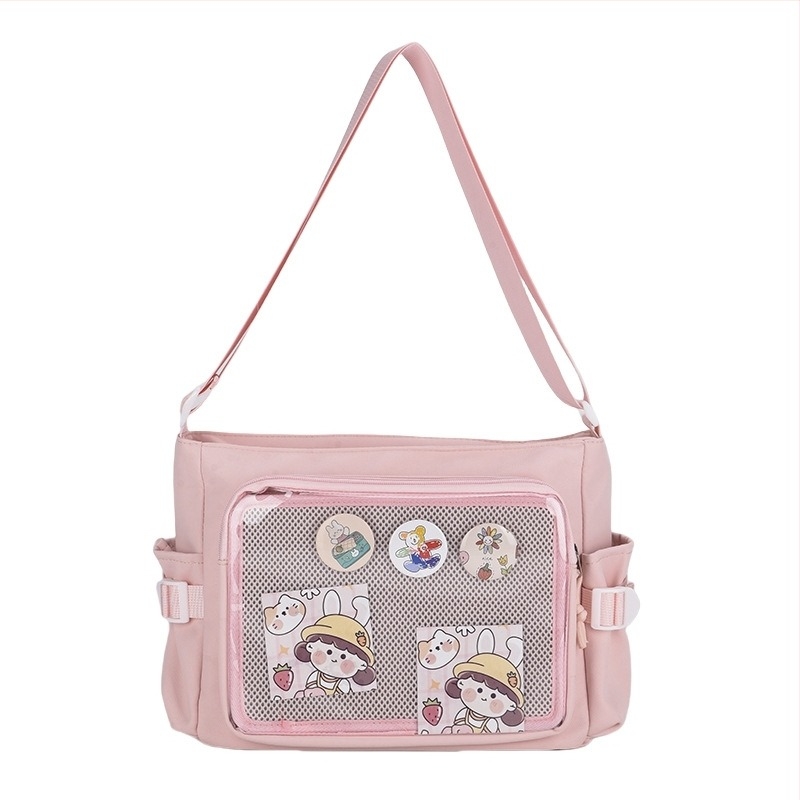 Női japán stílusú anime tote táska, nagy kapacitású, átlátszó azonosító zsebbel, mindennapi crossbody, vízálló és kopásálló