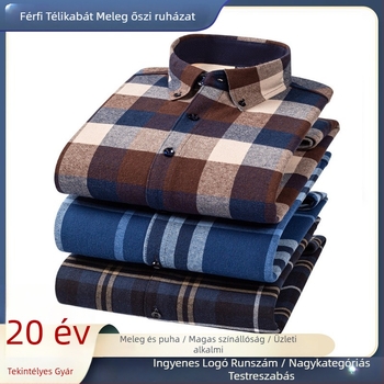 Férfi koreai stílusú pamut ing, kockás minta, vastagított melegítés, hegyes gallér