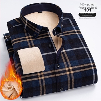 Férfi koreai stílusú pamut ing, kockás minta, vastagított melegítés, hegyes gallér