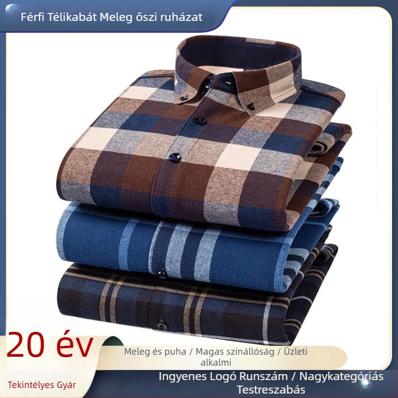 Férfi koreai stílusú pamut ing, kockás minta, vastagított melegítés, hegyes gallér