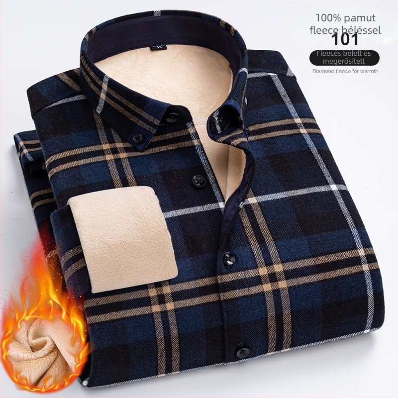 Férfi koreai stílusú pamut ing, kockás minta, vastagított melegítés, hegyes gallér