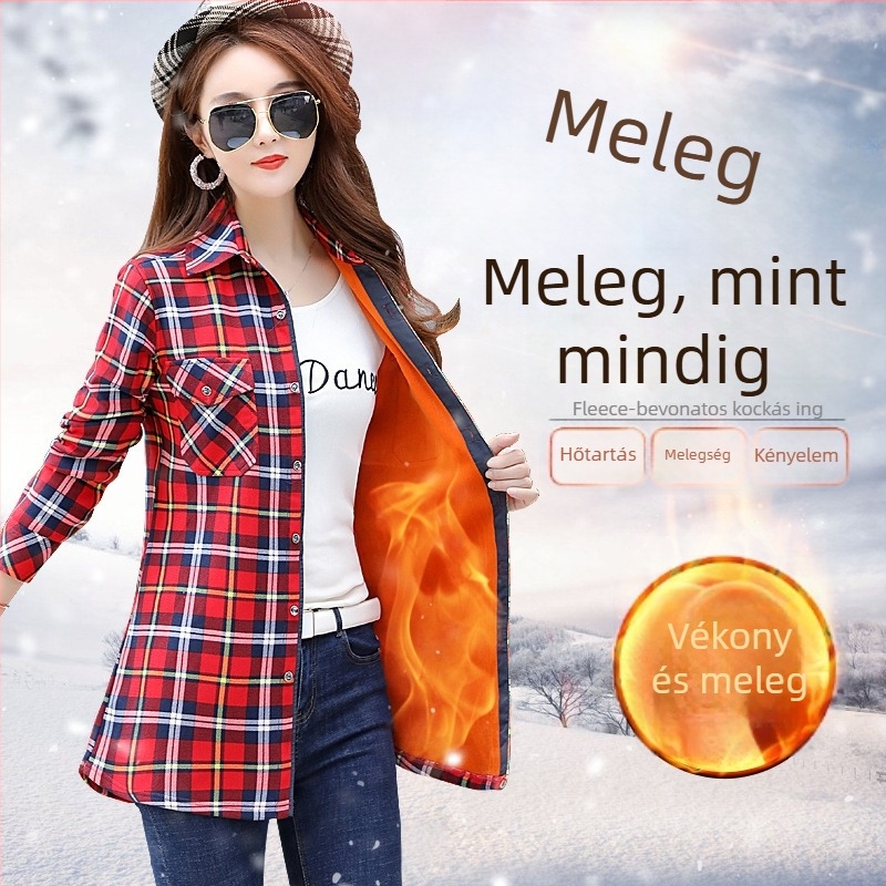 Női poliészter kockás ing, hosszú ujjak, négyzetes gallér, karcsú szabás