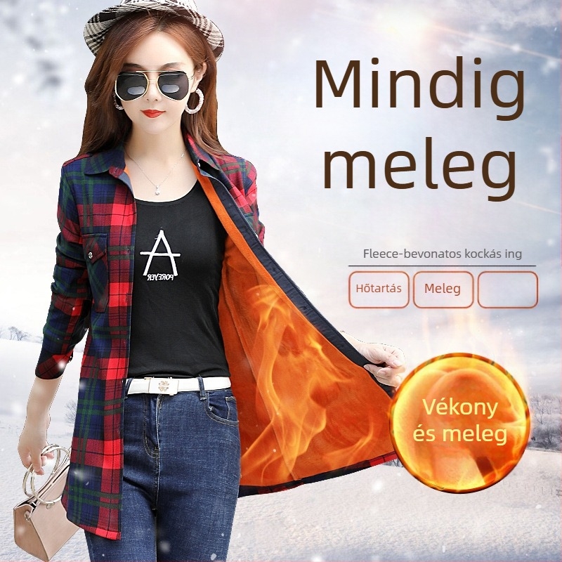 Női poliészter kockás ing, hosszú ujjak, négyzetes gallér, karcsú szabás