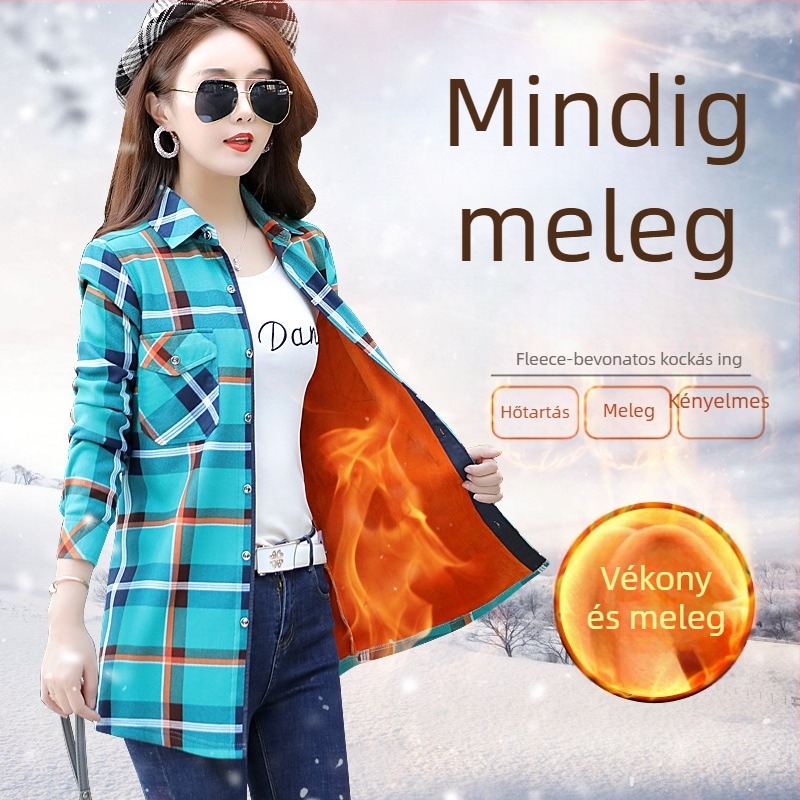 Női poliészter kockás ing, hosszú ujjak, négyzetes gallér, karcsú szabás