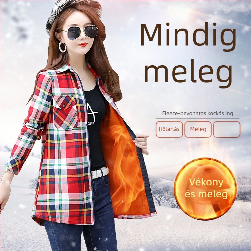 Női poliészter kockás ing, hosszú ujjak, négyzetes gallér, karcsú szabás