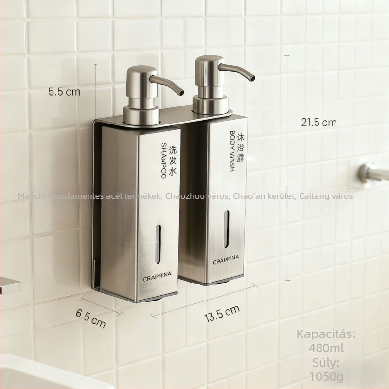 Fali szappanadagoló, 304 rozsdamentes acél, kefével csiszolt felület, kézi nyomású működés, modern minimalist dizájn