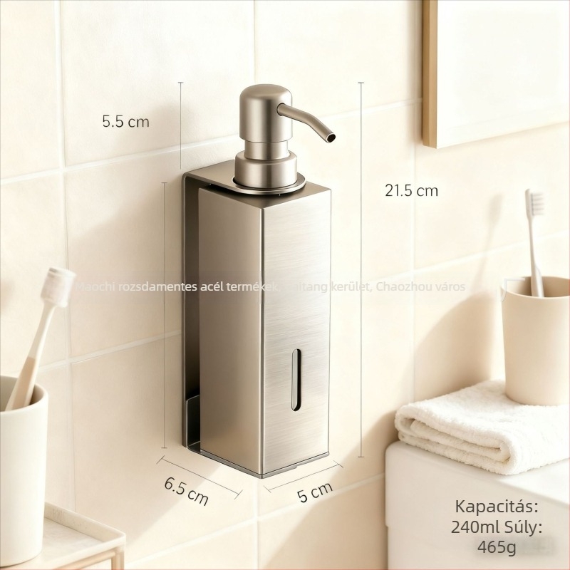 Fali szappanadagoló, 304 rozsdamentes acél, kefével csiszolt felület, kézi nyomású működés, modern minimalist dizájn