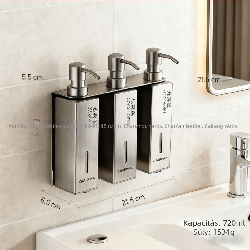 Fali szappanadagoló, 304 rozsdamentes acél, kefével csiszolt felület, kézi nyomású működés, modern minimalist dizájn