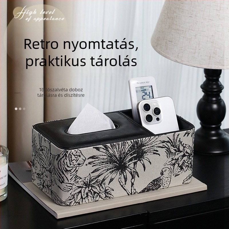 PU bőr papírzsebkendő doboz, vintage jacquard mintázat, többfunkciós, levehető zsebkendőkkel, nappali és fürdőszoba számára