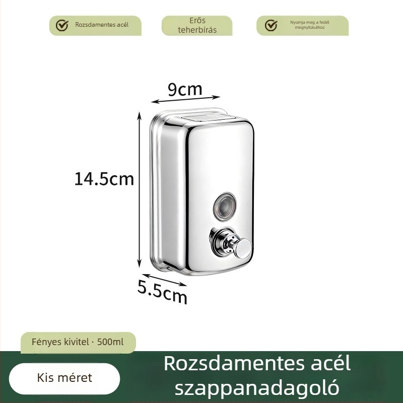 304 rozsdamentes acél falra szerelhető szappanadagoló, kézi nyomásos működés, egyszerű stílus, perforált szerelés