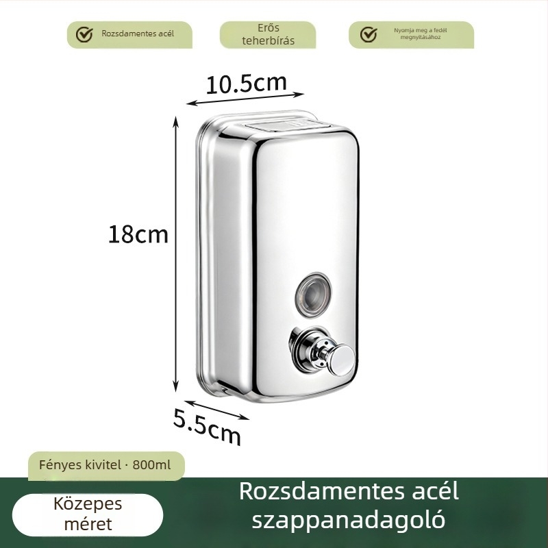 304 rozsdamentes acél falra szerelhető szappanadagoló, kézi nyomásos működés, egyszerű stílus, perforált szerelés