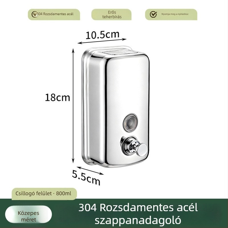 304 rozsdamentes acél falra szerelhető szappanadagoló, kézi nyomásos működés, egyszerű stílus, perforált szerelés