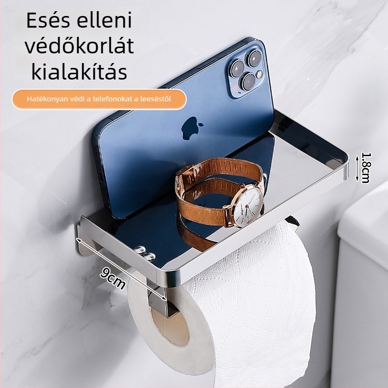 Rozsdamentes acél fürdőszobai telefon tartó és vécépapír tartó, ovális formájú, kefés felület, modern minimalist stílus