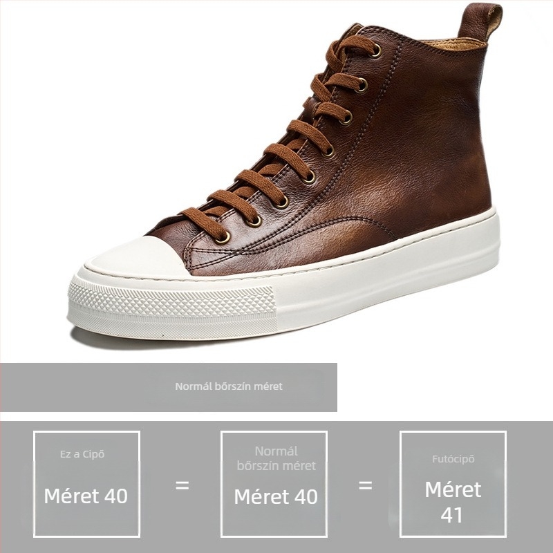 Férfi bőrszabadidő sneakers középmagas, nyári casual stílus; Felsőrész: első osztályú marhabőr; Talp: gumi; Zárás: fűzők; Funkciók: légáteresztő, tartós, ütéscsillapító