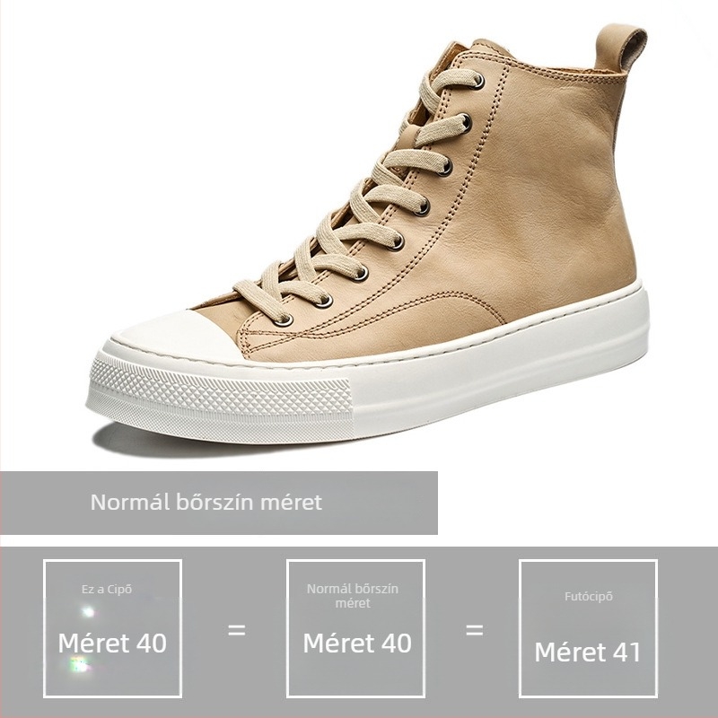 Férfi bőrszabadidő sneakers középmagas, nyári casual stílus; Felsőrész: első osztályú marhabőr; Talp: gumi; Zárás: fűzők; Funkciók: légáteresztő, tartós, ütéscsillapító