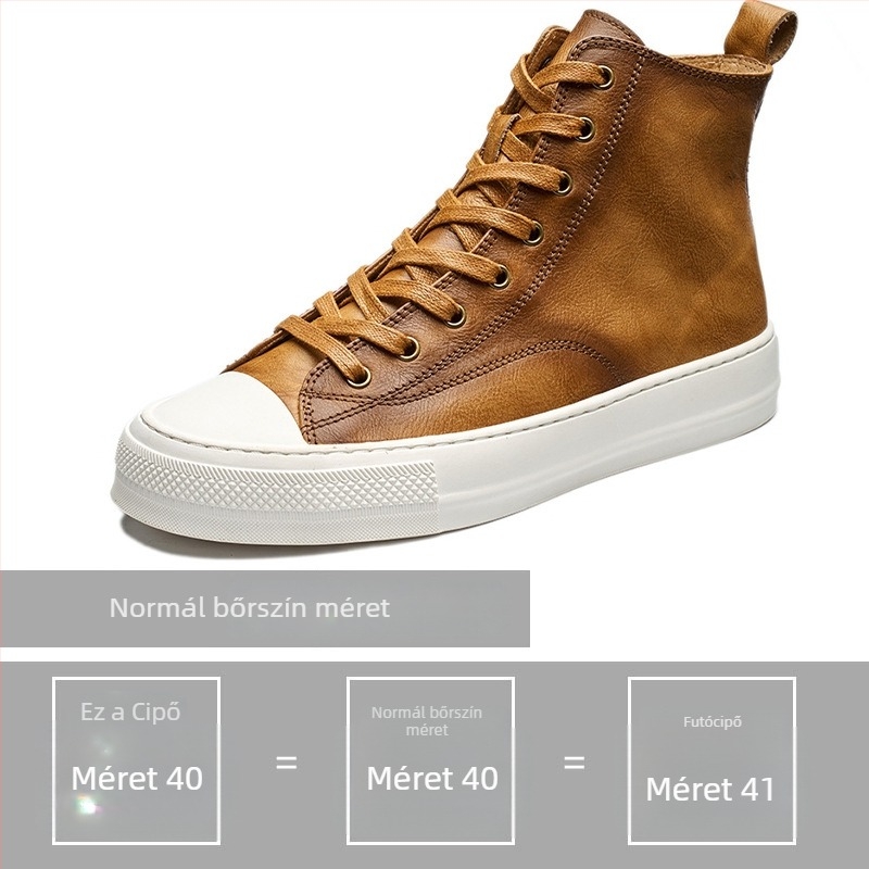 Férfi bőrszabadidő sneakers középmagas, nyári casual stílus; Felsőrész: első osztályú marhabőr; Talp: gumi; Zárás: fűzők; Funkciók: légáteresztő, tartós, ütéscsillapító