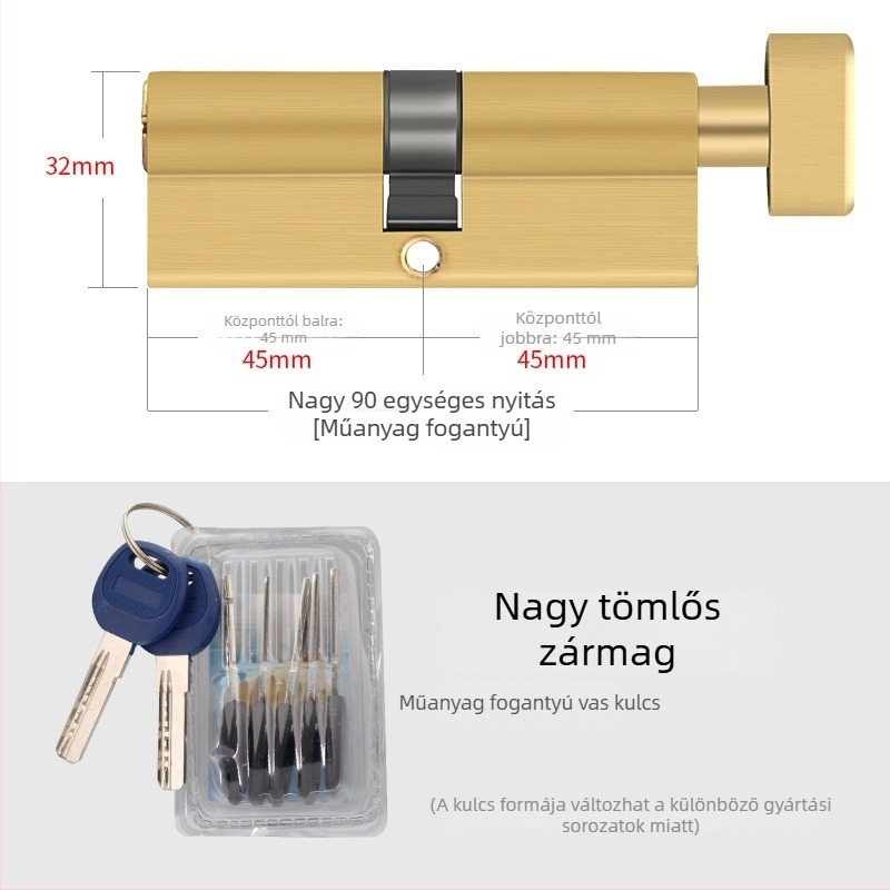 Ajtózár cilindere, teljes réz, modell 8150, nagy tök alakú dizájn, Xin Pinfa márka, modern minimál stílus, 2 díszítő kulcs + 6 alapkulcs