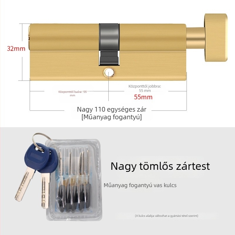Ajtózár cilindere, teljes réz, modell 8150, nagy tök alakú dizájn, Xin Pinfa márka, modern minimál stílus, 2 díszítő kulcs + 6 alapkulcs