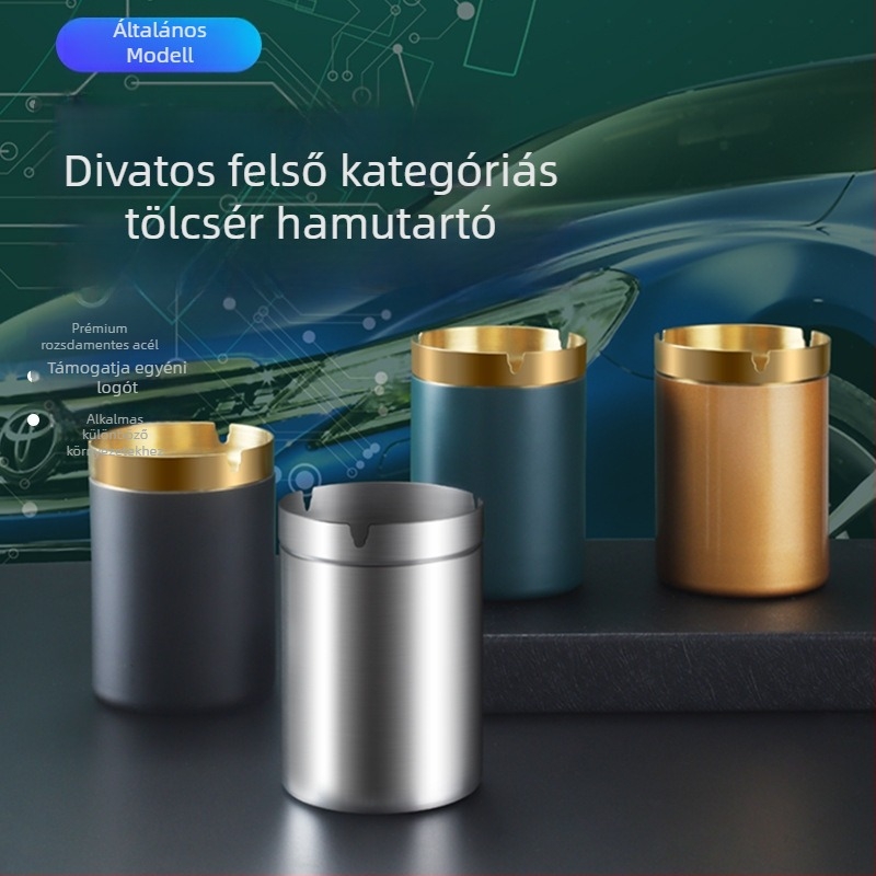 Tölcsér alakú hamutál rozsdamentes acélból – modern, minimalist dizajn, otthonra, irodába vagy autóba; logóval nyomtatva; ajándékhoz is megfelelő
