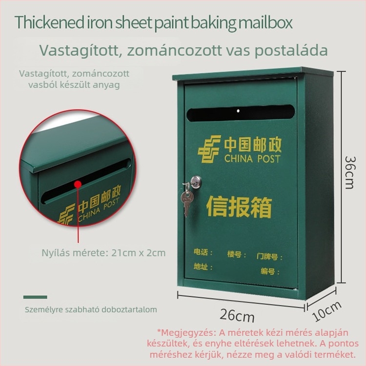 Vasból készült, függő postaláda kültéri használatra; esőálló dizájn; levelek, újságok, javaslatok és jelentések tárolására. Anyag: hideg-hengerelt acéllemez; Folyamat: szitanyomás; félautomata és részben manuális; Márka: Other; Licencelt magáncímke: dongxu