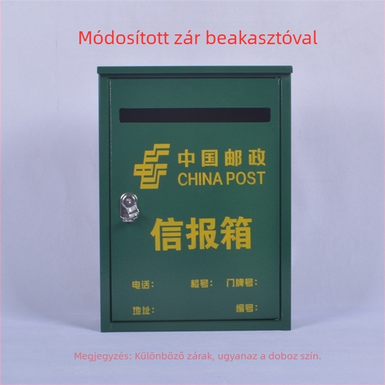 Vasból készült, függő postaláda kültéri használatra; esőálló dizájn; levelek, újságok, javaslatok és jelentések tárolására. Anyag: hideg-hengerelt acéllemez; Folyamat: szitanyomás; félautomata és részben manuális; Márka: Other; Licencelt magáncímke: dongxu