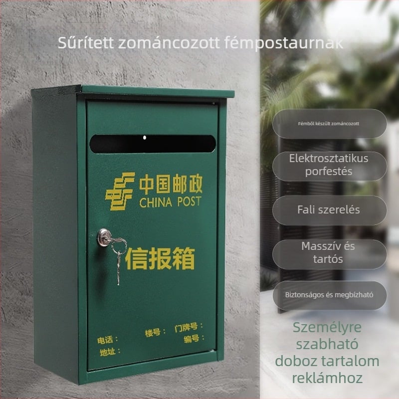 Vasból készült, függő postaláda kültéri használatra; esőálló dizájn; levelek, újságok, javaslatok és jelentések tárolására. Anyag: hideg-hengerelt acéllemez; Folyamat: szitanyomás; félautomata és részben manuális; Márka: Other; Licencelt magáncímke: dongxu