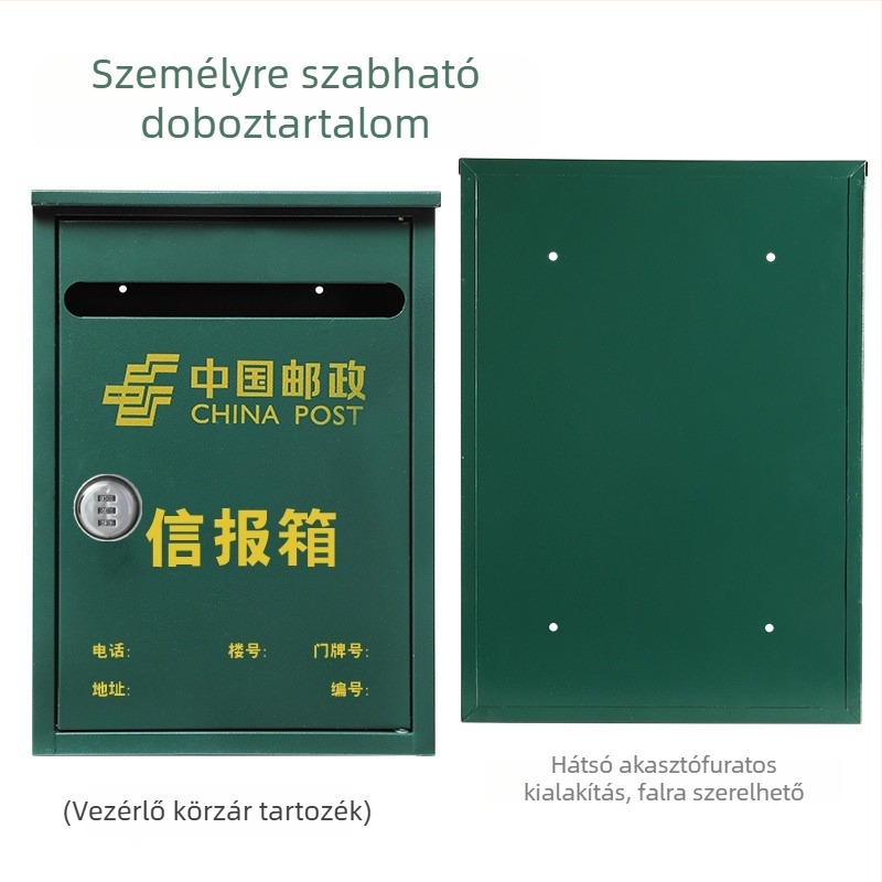 Vasból készült, függő postaláda kültéri használatra; esőálló dizájn; levelek, újságok, javaslatok és jelentések tárolására. Anyag: hideg-hengerelt acéllemez; Folyamat: szitanyomás; félautomata és részben manuális; Márka: Other; Licencelt magáncímke: dongxu