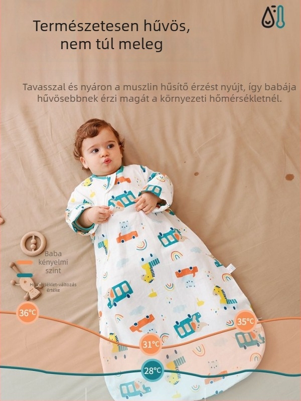 Vékony géz anyagú babahálózsák, boríték-stílusú, tavasz–őszre, újszülöttektől 3 éves korig, egész évben használható