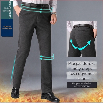 Férfi őszi-téli vastag gyapjú-nátron kevert nadrág, casual stílus, magas deréksz, övvel, fleece bélés, egyenes szabású
