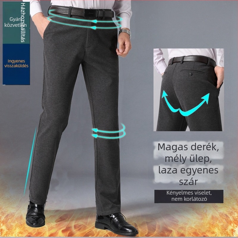 Férfi őszi-téli vastag gyapjú-nátron kevert nadrág, casual stílus, magas deréksz, övvel, fleece bélés, egyenes szabású