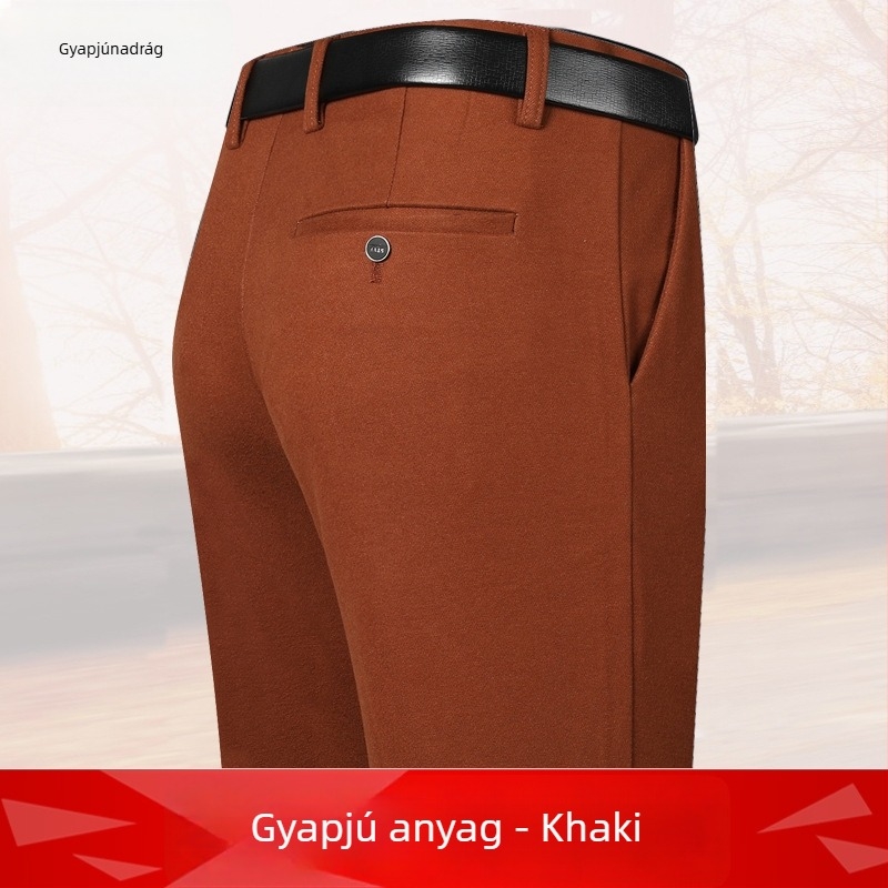 Férfi őszi-téli vastag gyapjú-nátron kevert nadrág, casual stílus, magas deréksz, övvel, fleece bélés, egyenes szabású