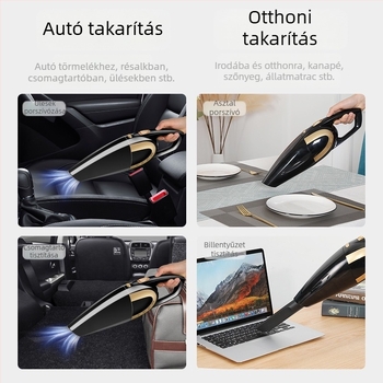 Hordozható, kettős célú porszívó otthonra és az autóba, vezeték nélküli, erős szívóerővel (12V, 120W, 18000 Pa, 20 perc működés, HEPA szűrő)
