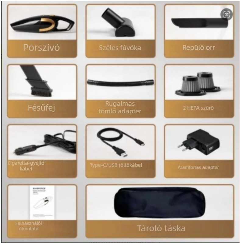 Hordozható, kettős célú porszívó otthonra és az autóba, vezeték nélküli, erős szívóerővel (12V, 120W, 18000 Pa, 20 perc működés, HEPA szűrő)
