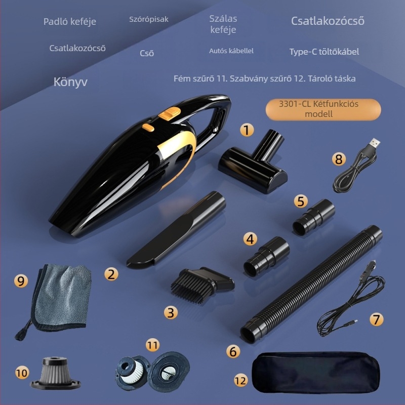 Hordozható, kettős célú porszívó otthonra és az autóba, vezeték nélküli, erős szívóerővel (12V, 120W, 18000 Pa, 20 perc működés, HEPA szűrő)