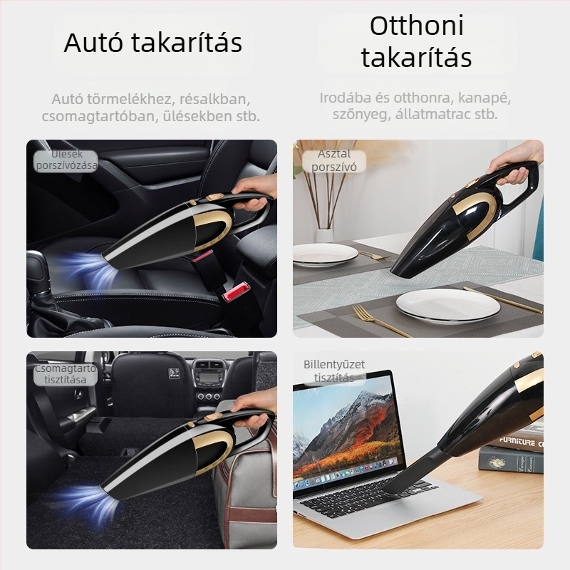 Hordozható, kettős célú porszívó otthonra és az autóba, vezeték nélküli, erős szívóerővel (12V, 120W, 18000 Pa, 20 perc működés, HEPA szűrő)