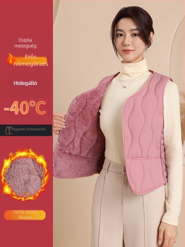 Női nylon mellény pamut töltettel, V-nyakú, karcsúsított szabás, rövid fazon