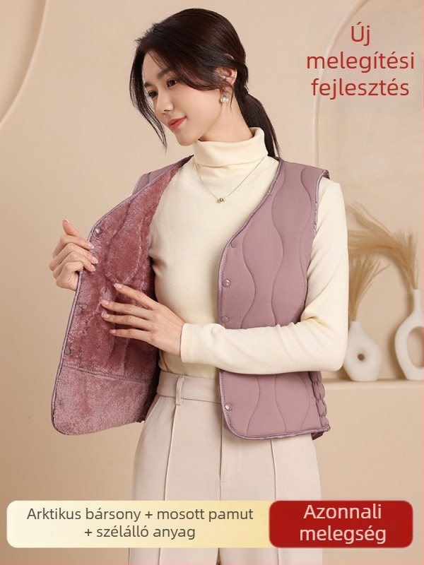 Női nylon mellény pamut töltettel, V-nyakú, karcsúsított szabás, rövid fazon
