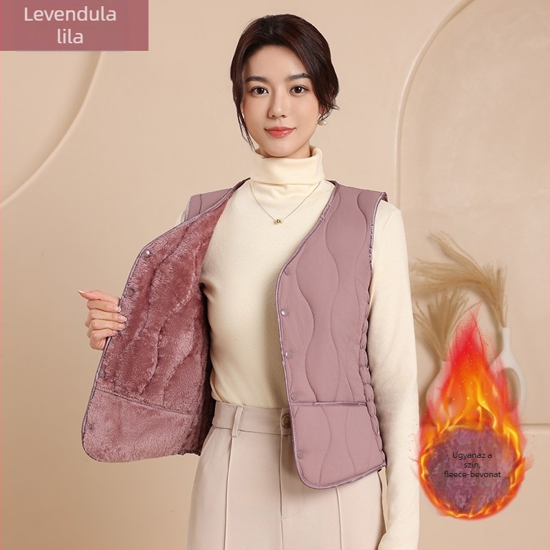 Női nylon mellény pamut töltettel, V-nyakú, karcsúsított szabás, rövid fazon