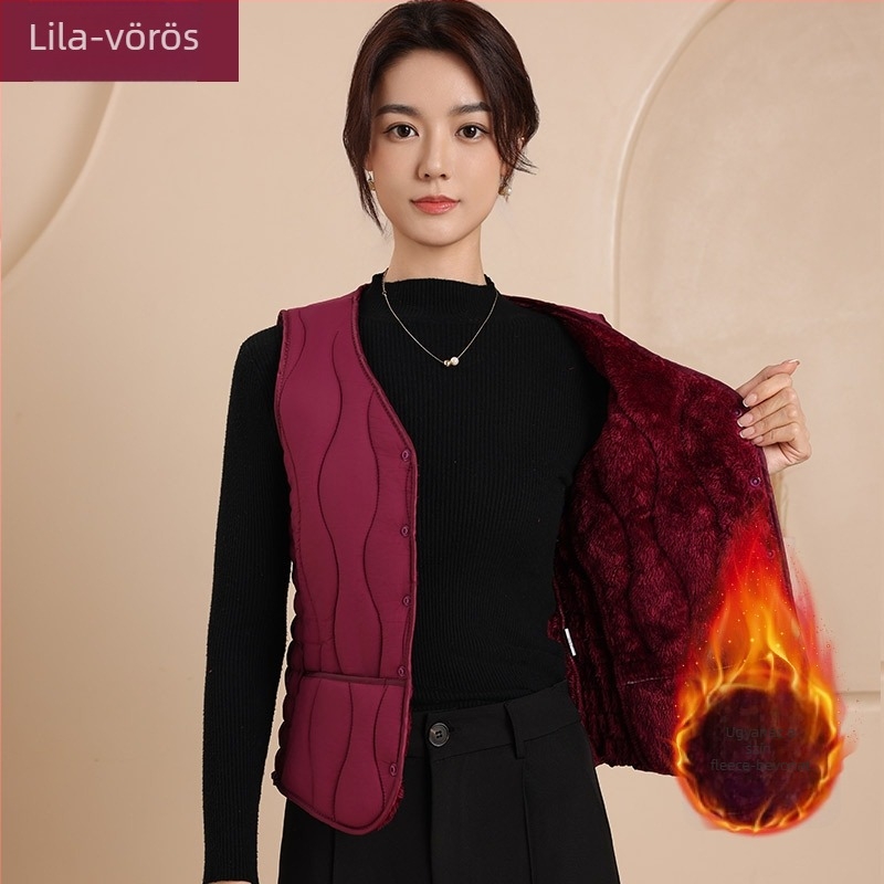 Női nylon mellény pamut töltettel, V-nyakú, karcsúsított szabás, rövid fazon