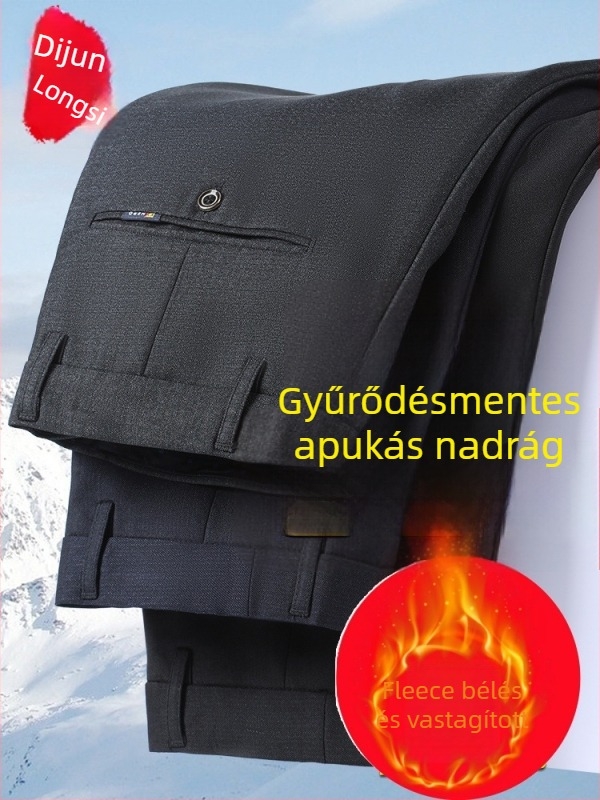 Téli casual nadrág középkorú férfiak számára, egyenes szárú, magas derék, fleece bélés