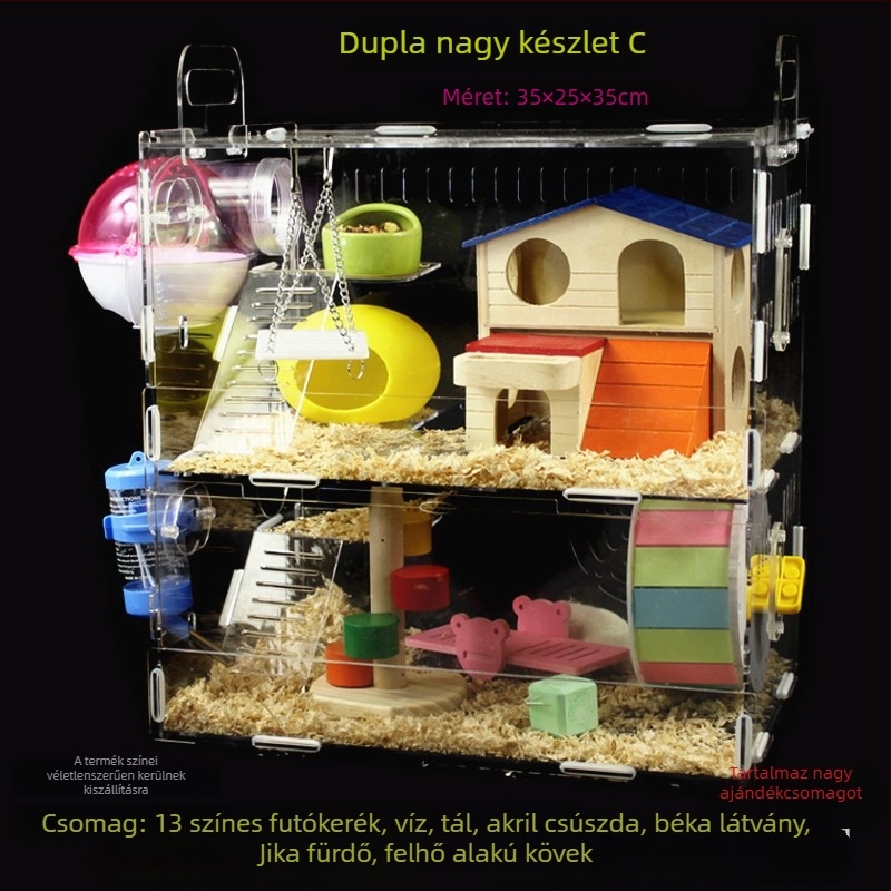 Akril hörcsög ketrec, kétszintes, átlátszó villa-kastély, kör alakú, beltéri, vízálló