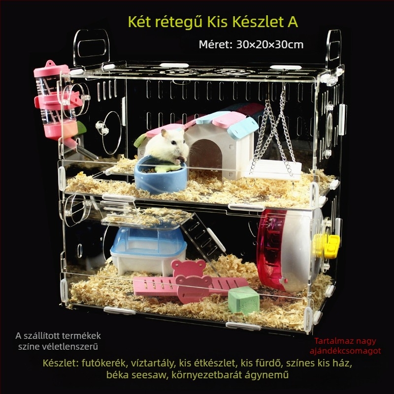 Akril hörcsög ketrec, kétszintes, átlátszó villa-kastély, kör alakú, beltéri, vízálló