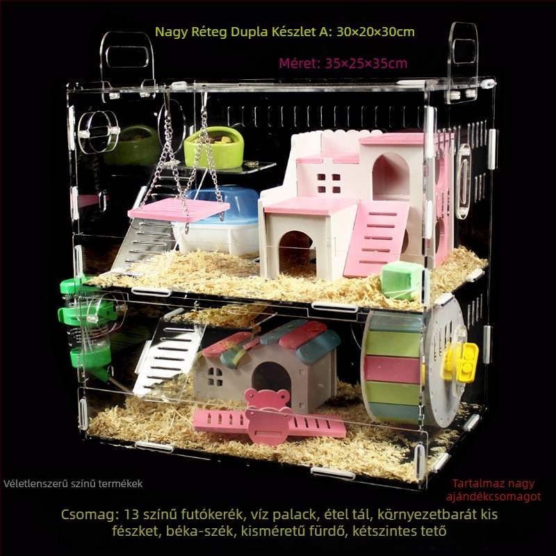 Akril hörcsög ketrec, kétszintes, átlátszó villa-kastély, kör alakú, beltéri, vízálló