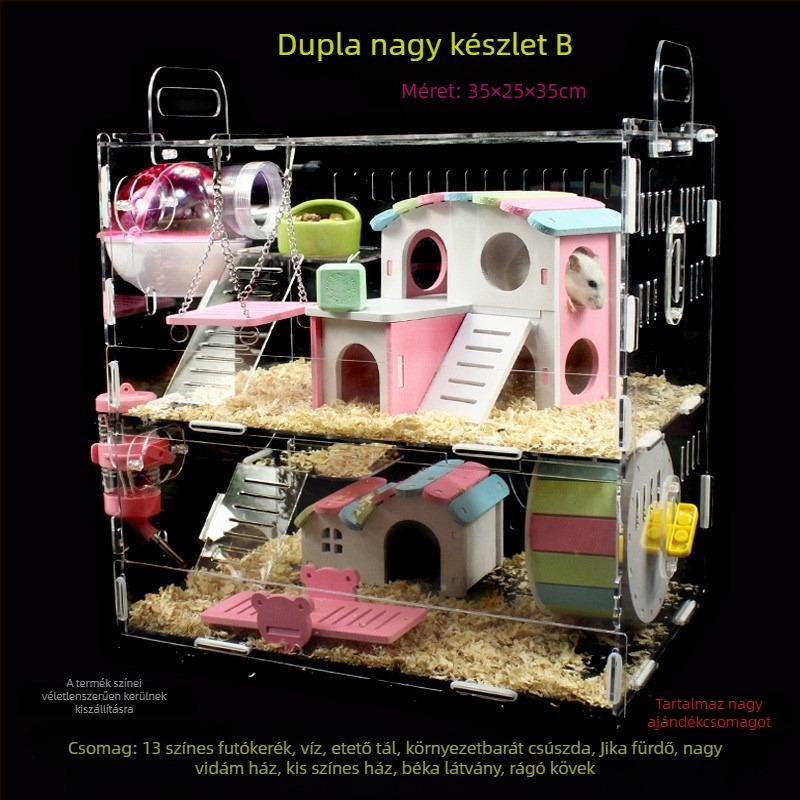 Akril hörcsög ketrec, kétszintes, átlátszó villa-kastély, kör alakú, beltéri, vízálló